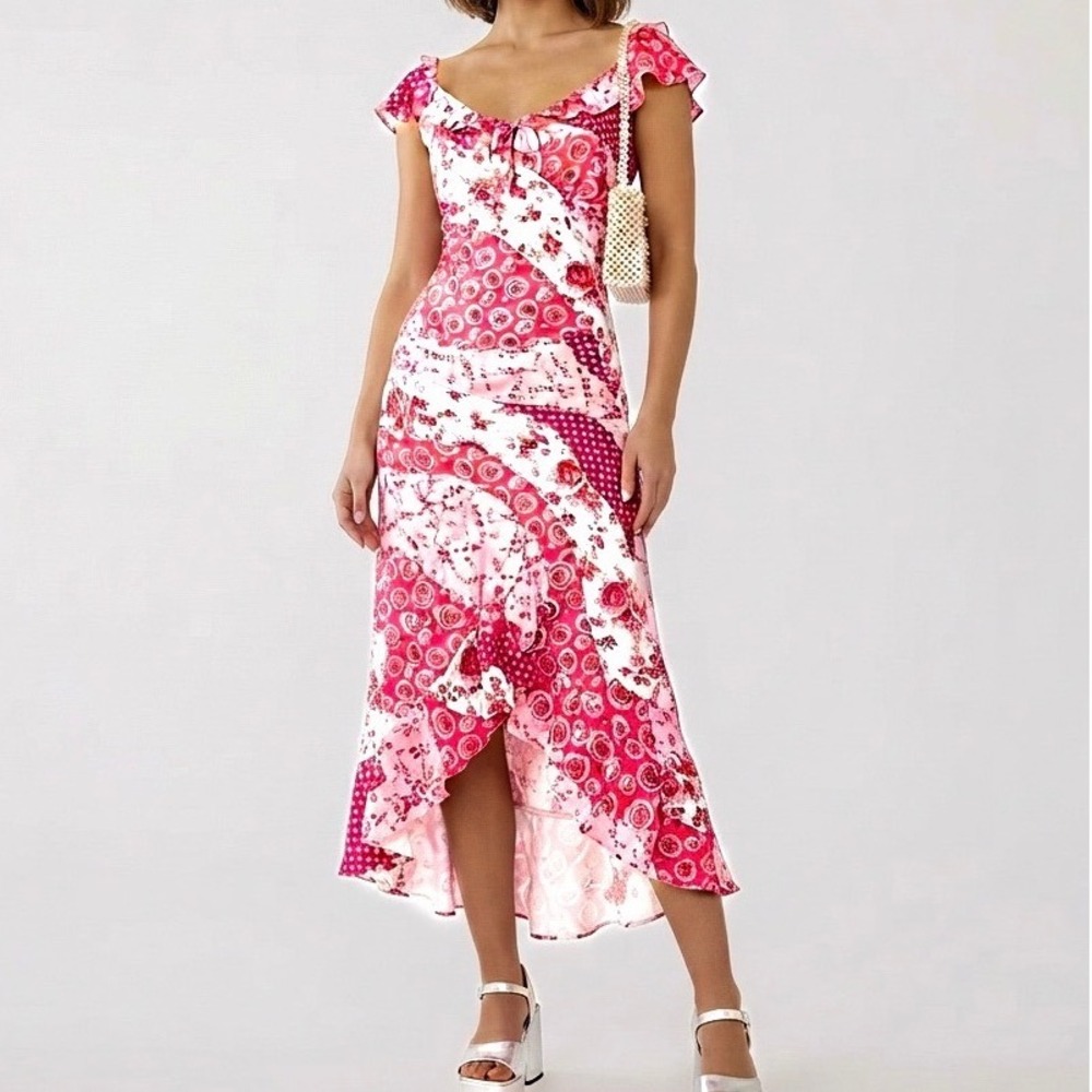 Betsey Johnson Patchwork Midi Dress Size L La Napoule English Rose Babydoll Y2K